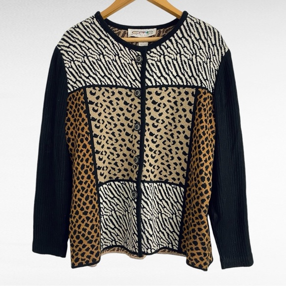 VINTAGE | Eric Steven | Animal Print Long Ribbed Sleeve Cardigan Sweater Jacket - Picture 1 of 7